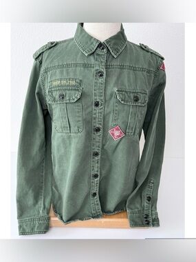 Forever 21 Olive Green Military Utility Shirt Jacket Shacket Patches Size Large